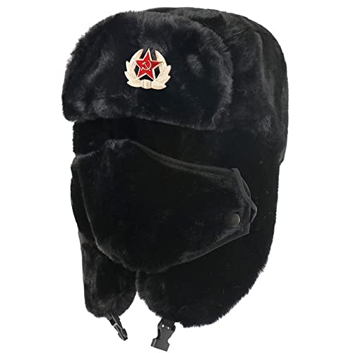 Outdoor Store Sombrero Ruso Ejército Soviético Insignia Militar Bombardero Ushanka Hats Faux Conejo Piel Earflap Caps de Nieve Capps Trapper Sombreros, Black