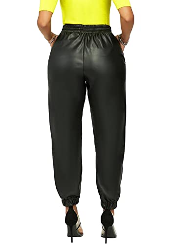 Tcremisa Women's Faux Leather Pants Drawstring Elastic High Waist Joggers Casual Loose Trousers with Pockets3