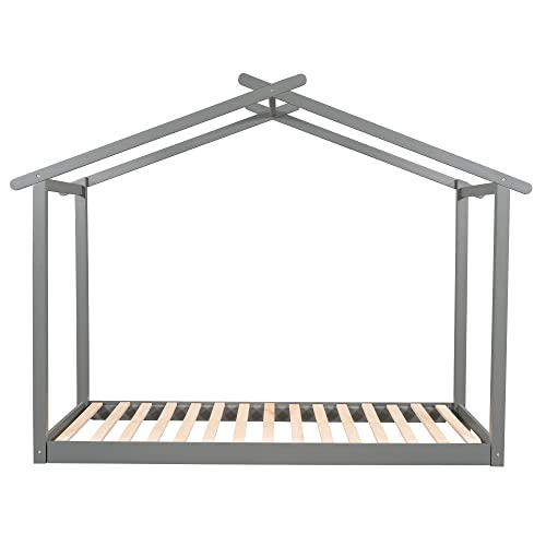 Modern Twin Xl/King Platform Bed, Wooden Platform Bed Frame With Trundle, Roof Design, Suitable For Children's Dormitory, Space Saving, No Box Required, Gray #TOP5
