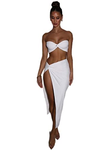 WEITING Ensemble deux pièces élégant et sexy sans bretelles pour femme - Haut court sans manches et jupe fendue haute - Ensembles de robe de fête - Blanc, S