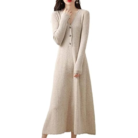 Fall/Winter V-Neck Cashmere Knitted Women Super Long Dresses High Elasticity Soft Sweaters Wool Pullovers Light tuo se S Cover