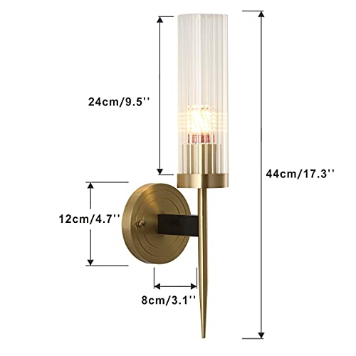 Image of BOKT Modern Cylinder Sconces Wall Lighting Set of Two Mid Century Antique Brass Gold 1-Light Wall Sconce Set of 2 Clear Crystal Glass Wall Sconce Lamp for Bathroom