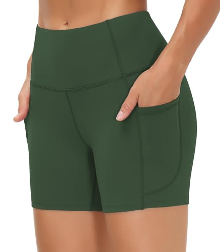 Image of THE GYM PEOPLE High Waist Yoga Shorts for Women's Tummy Control Fitness Athletic Workout Running Shorts with Deep Pockets