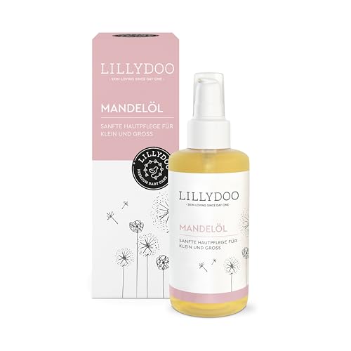 LILLYDOO parfürmfreies Babyöl Mandel, 99% reines Mandelöl kaltgepresst mit Vitamin E zur Babypflege, vegane Naturkostmetik, Dermatest sehr gut in hochwertiger Glasflasche (100ml)