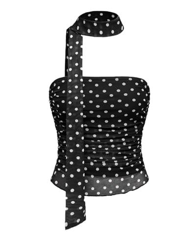 KIGRAD Womens Y2k Polka Dot Mesh Crop Tube Tops with Scarf