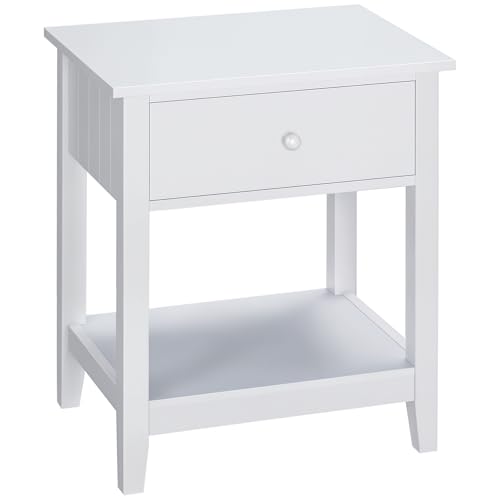 Image of HOMCOM End Table, 2-Tier Side Table with Drawer and Storage Shelf, Modern Side Table for Living Room, White