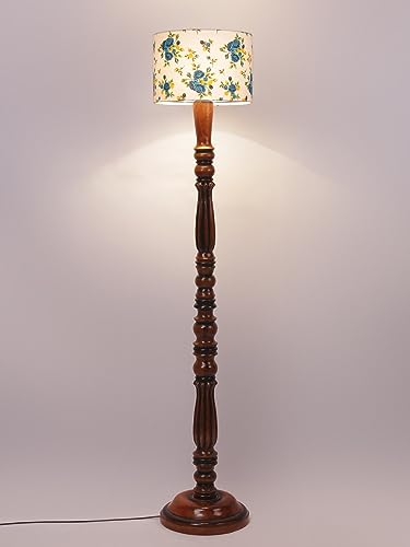 Image of Cotton Shade Floor Lamp with Wooden Base - Height 56 Inches, Blue Floral | Modern Standing Lamp for Living Room, Bedroom, Office | Stylish & Decorative Home Lighting | Elegant Decor