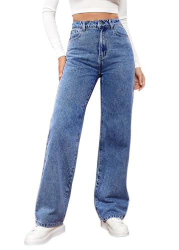 Tomwell Frauen Y4K Straight Leg Hose mit hohen Taille Denim Jeans Loose Baggy Flare Bleistift-Jeans Vintage-E-Girl Street Hosen A Dunkelblau L