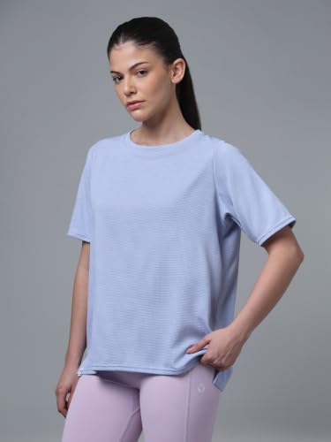 Image of TECHNOSPORT Women Relaxed Fit Cubic Melange Round Neck T-Shirt | Quick Dry Polyester Casual Tee with UPF 50+ UV Protection, Anti-Microbial & Double Cool Technology