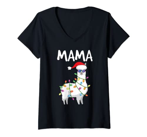 Womens Mama Llama Women Funny Family Matching Llama Christmas V-Neck T-Shirt