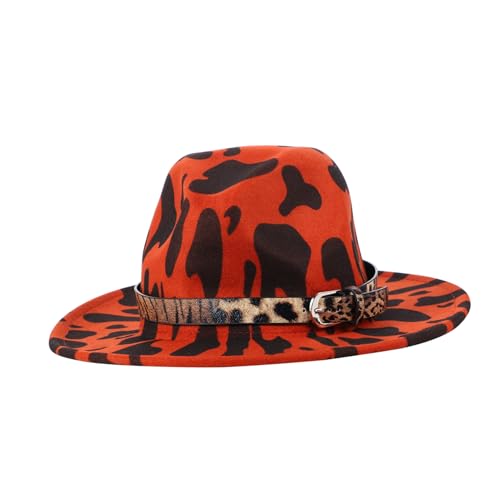 FRCOLOR 1Pc Ladies Leopard Print Jazz Hat with Buckle Belt Decoration Fashion Flat Edge Fedora for Parties and Cosplay Durable and Breathable for All Seasons Red