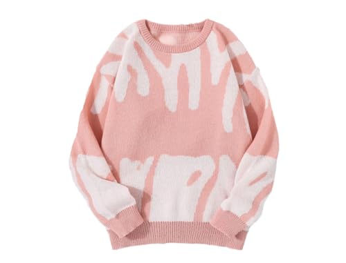 Mens Irregular Knit Pullover Casual Round Neck Contrast Color