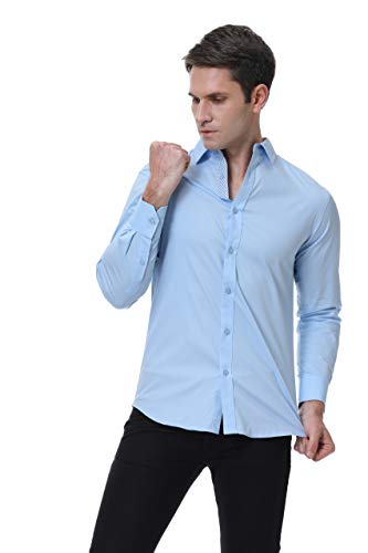 Monlando Mens Dress Shirts Long Sleeve Regular Fit Cotton Stretch Men Casual Button Down Shirt, Blue, Xlarge #TOP4
