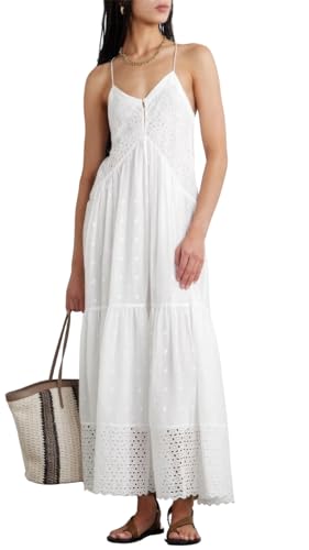 ebossy Women's Crochet Eyelet Embroidered Long Slip Dress Boho V Neck Solid Color Racer Back Slim Overall Dress (2X-Large, White)