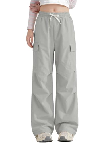 Haloumoning Girls Parachute Pants Kids Elastic Waist Wide Leg Cargo Pants Y2K Street Baggy Trousers with Pockets 5-14 Years Gray