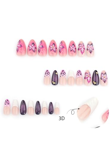 Image of Secret Lives 3D Floral French Tip Press-On Nails with Pink Leopard Accent - Almond Shape Nude & Purple Glossy Fake Nails, 24-Piece Set with Application Kit