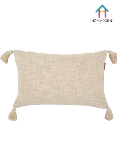 Image of HOMADORN Luxury Cotton Handmade Decorative Boho Throw Pillow Covers with Tassels for Sofa Couch Living Room Indoor Outdoor Chair Car Farmhouse (12X20 INCHES (Rectangle), Off White (Pack of 2))