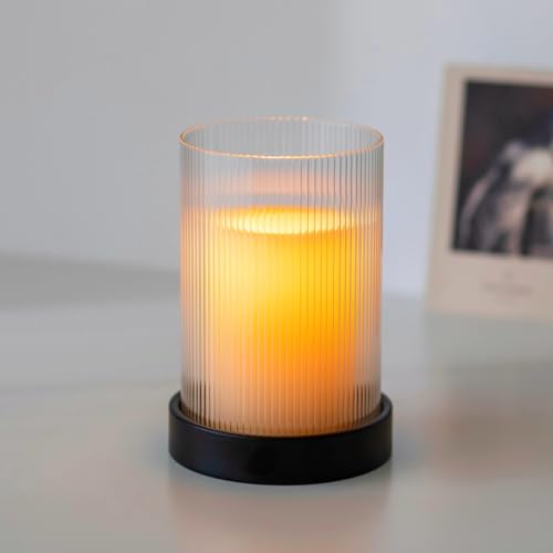 Image of Glasseam Pillar Candle Holder: Ribbed Glass Cylinder with Black Candle Holders, Metal Candle Plate for Living Room, Christmas Decoration