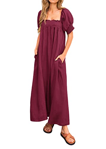 KIRUNDO Women 2026 Summer Maxi Dress Casual Loose Puff Sleeve Square Neck Maternity Flowy Long Beach Dresses with Pockets(Wine Red, Small)