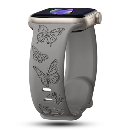 Image of Butterfly Engraved Bands Compatible with Apple Watch Band 41mm 40mm 38mm 49mm 46mm 49mm 46mm 45mm 44mm 42mm Women, Silicone Sport Strap for iWatch Series SE 10 9 8 7 6 5 4 3 2 1 SE Ultra