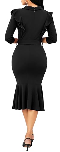 Elegant Dress for Women Sexy 3/4 Sleeve Business Knee Length Dresses Fishtail Zipper Belt2