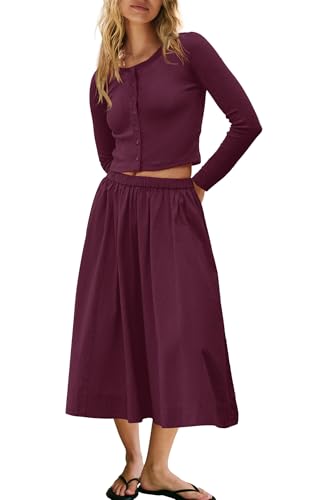 Image of Panadila Womens 2 Piece Lounge Sets Matching Vacation Outfits Ribbed Button Down Cardigan and Elastic Waist Skirt Sets