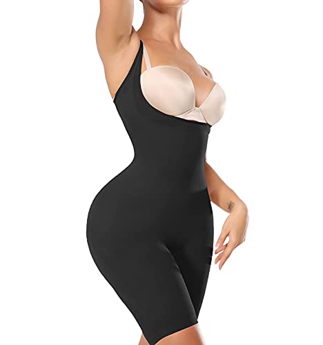 SLIMBELLE Women Full Body Shaper Breathable Bodysuits Mid Thigh Slimming Underbust Open Crotch Shapewear Corset Fajas Underwear Body Briefer Colombianas Postparto Butt Lifter Under Dress-Black-L
