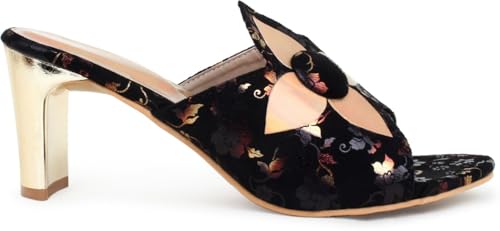 Image of Action Women's Floral Suede Mules| Black with Peach Flower Applique| Gold-Tone Heel Dark Brown