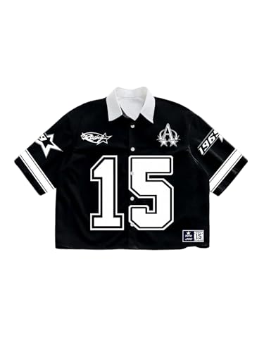 Men's Retro Button Down Jersey Shirts Number Graphic Collared Baseball Shirt Short Sleeve Streetwear