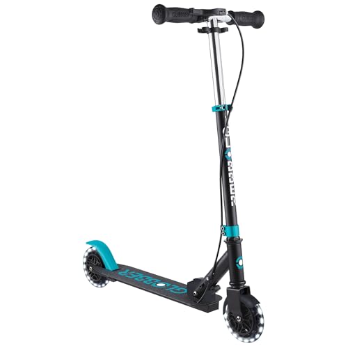 Globber - Flow Element Junior Lights - Patinete Plegable de 2 Ruedas con Freno Trasero, Manillar Ajustable y Luces LED, para niños Desde los 4 años - Azul Turquesa