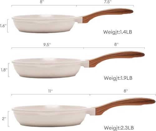 Image of Non-Stick Frying Pan with Wooden Finish Soft Touch Handle, 2.5mm Thickness, Consumes Less Oil, Even Heat Distribution, Induction Bottom and Gas Ready (White, 20cm)