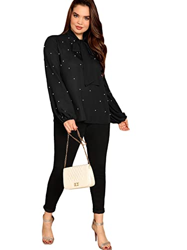 Milumia Women's Plus Size Tie Neck Blouse Long Sleeve Pearls Beaded Work Shirts Black X-Large Plus Size #TOP4