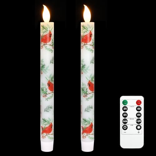 Image of MELTONE Cardinal Bird Flameless Taper Candles with Remote - Red Bird Theme LED Taper Candles for Home Xmas Holiday Party Christmas Decoration - 2PCS 9.5INCH