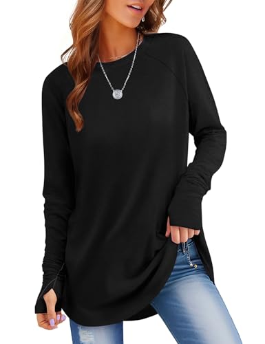 Rapbin Oversize Langarmshirt Damen Rundhals Pullover Sweatshirt Basic Tunika Tops Elegant T-Shirt Mit Daumenloch Oberteil Schwarz XXL