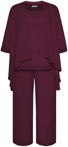 Hanna Nikole Damen Große Größen Chiffon Abendanzug Sets Cocktail Party Festlich Elegant 3-Teiliges Set Rundhals 3/4 Ärmel Und Hohe Taille Hosenanzug