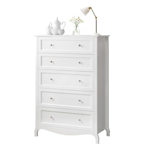 Image of VINGLI White Dresser 5 Drawer Chest of Drawers for Bedroom, 44.5 inch Tall Wood Dresser with Drawers, 29.92 inch W*15.75 inch D*44.49 inch H