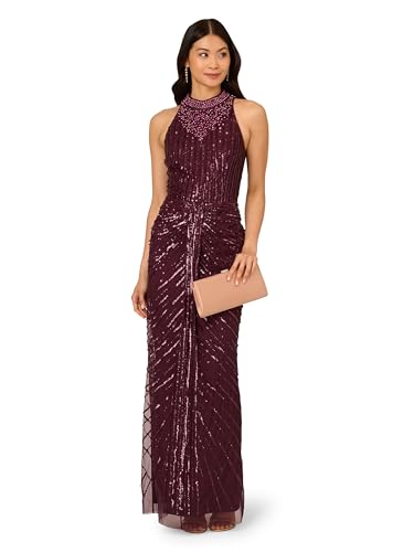 Image of Adrianna Papell Women's Halter Bead Drape Long Dress