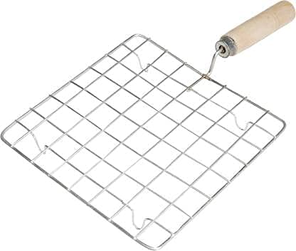 Kiya Stainless Steel Barbeque Jali Roti Roast Grill Papad Roaster Chapati Toast Grill With Wooden Handle