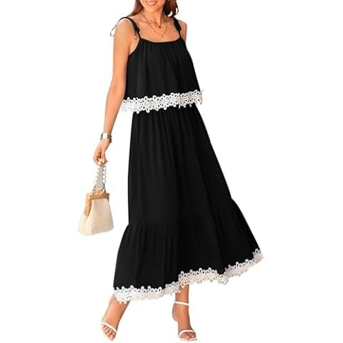 NALANISA Women's Summer Sleeveless Boho Dresses 2024 Tie Spaghetti Strap A Line Flowy Ruffle Tiered Long Maxi Sun Dress Beach Vacation Outfits(Black,Large) Cover