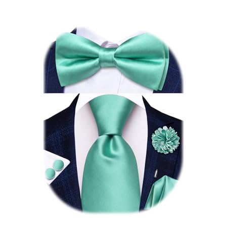 Image of Hi-Tie 5Pcs Mens Solid Color Silk Tie Satin Pretied Bowtie Lapel Pin for Men Handkerchief Cufflink Wedding Gift Box