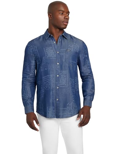 Guess Mens Eco Long Sleeve Bandana Overshirt, AOP Blue Bandana, Small