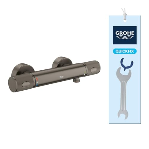 GROHE Precision Feel – Grifo termostático de ducha visto (mandos moleteados, botón a 38°C, EcoButton, florón metálico), Brushed Anthracite, 34790AL0