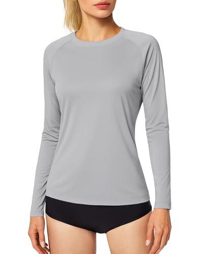 MAGCOMSEN Joggingshirts Damen Leicht Sommer Trainingsshirts Langarm Schnelltrocknend T-Shirts Damen Outdoor Atmungsaktiv Funktionsshirts UV Schutzkleidung Beach Hemd Hellgrau XS