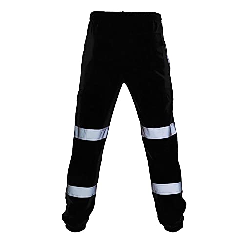 Reflective Pants Mens Safety High Visibility Elastic Waist Drawstring Reflective Tape Road Work Working Pants for Men Pantalones De Hombre(Black,Large)