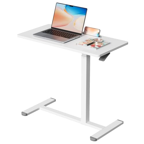 Gibbon Mounts Medical Adjustable Overbed Bedside Table, 32 Inch Pneumatic Mobile Standing Desk with Hidden Wheels, Rolling Laptop Cart for Home, Hospital, White