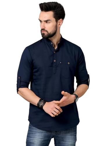 Image of DEEMOON Men's Cotton Blend Full Sleeve Short Kurta with Mandarin Collar Crafted from a Premium Cotton Blend