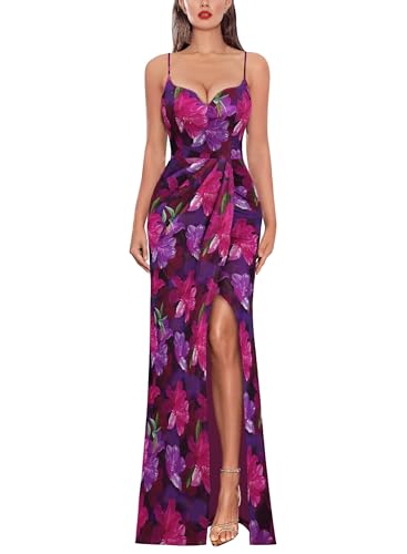 Image of VFSHOW Womens Sexy Formal Ruched Fitted High Slit Bodycon Maxi Dress Spaghetti Strap Sweetheart Cocktail Prom Evening Gown