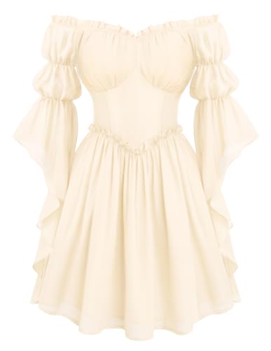 Renaissance Dress Women Off Shoulder Pirate Fairy Costume Beige M
