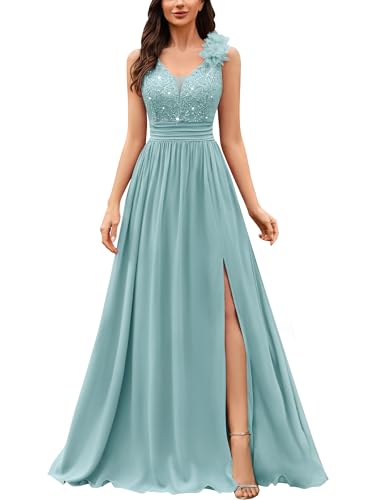 MIUSOL Women's Vintage V-Neck Sleeveless Sequined Lace Split Wedding Formal Evening Maxi Dress (Large, Canal Blue)