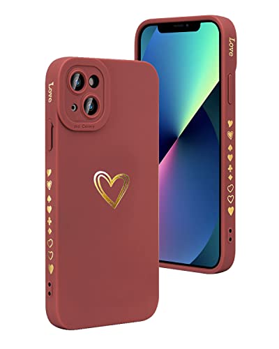 Jusy Coque Compatible avec iPhone 13, Coque en Silicone Liquide Doux avec Motif Coeur d'amour Doré avec Petits Cœurs Cadre latéral Coque Protection Antichoc - Rouge Cover